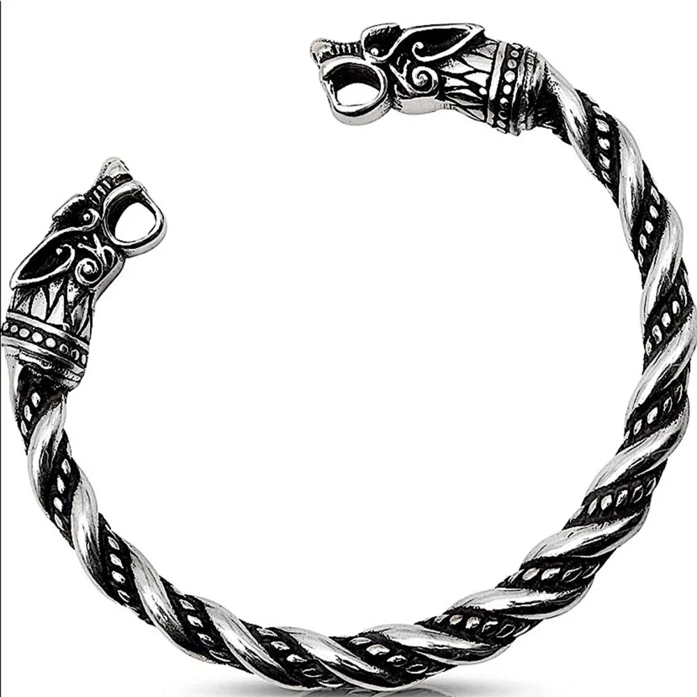 STERLING SILVER VIKING WOLF BRACELET SILVER ARM BAND CUFF BANGLE